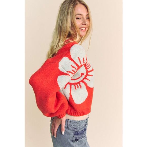 Davi & Dani Flower Contrast Round Neck Long Sleeves Cropped Cardigan | Orange - Picture 5 of 7